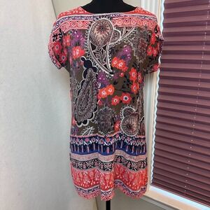 Angie Womens Small Boho Paisley Floral Rayon Mini Shift Dress Tunic Top Brown